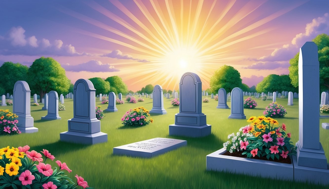 A radiant sunrise over a tranquil cemetery, with vibrant flowers blooming among the tombstones, symbolizing the hope of resurrection and eternal life