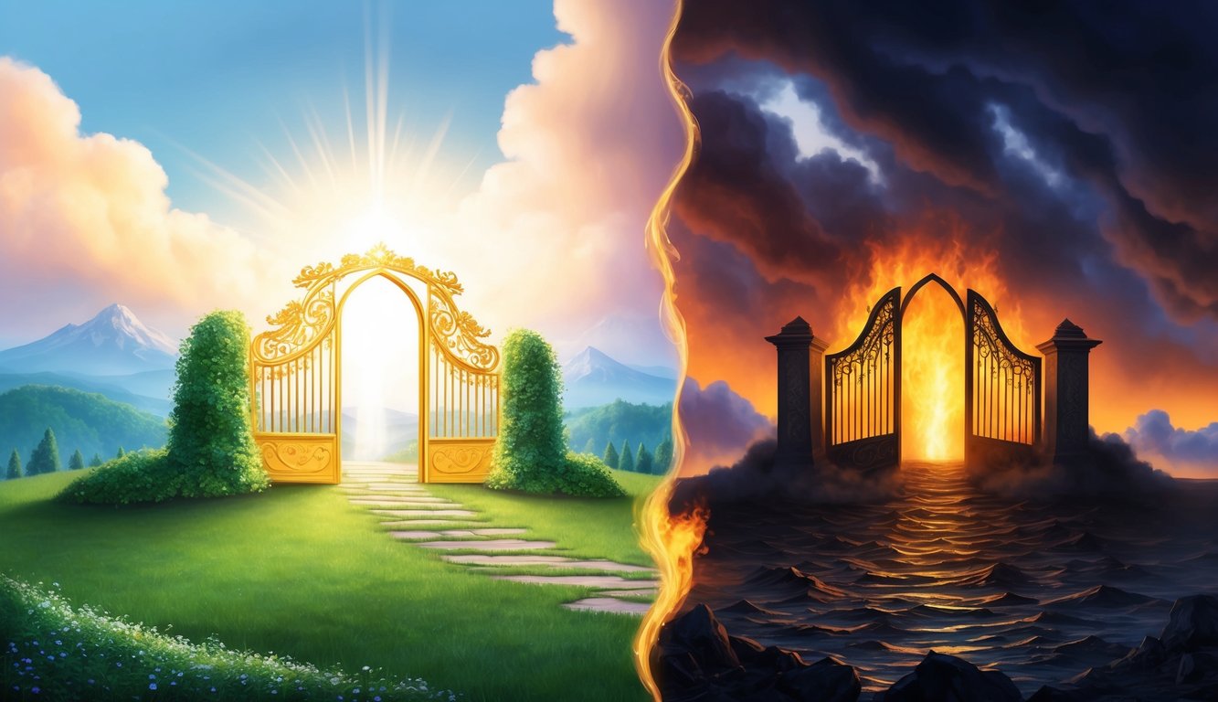 A serene, heavenly landscape with golden gates and a bright, glowing light, contrasted by a dark, fiery abyss symbolizing the reality of hell