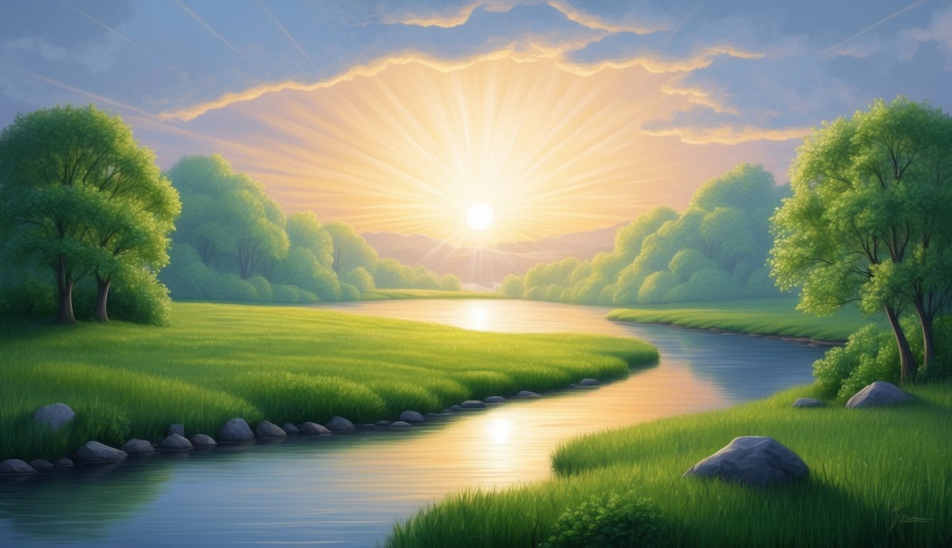 A serene landscape with a calm river, lush greenery, and a radiant sunrise, symbolizing hope and peace in the face of death