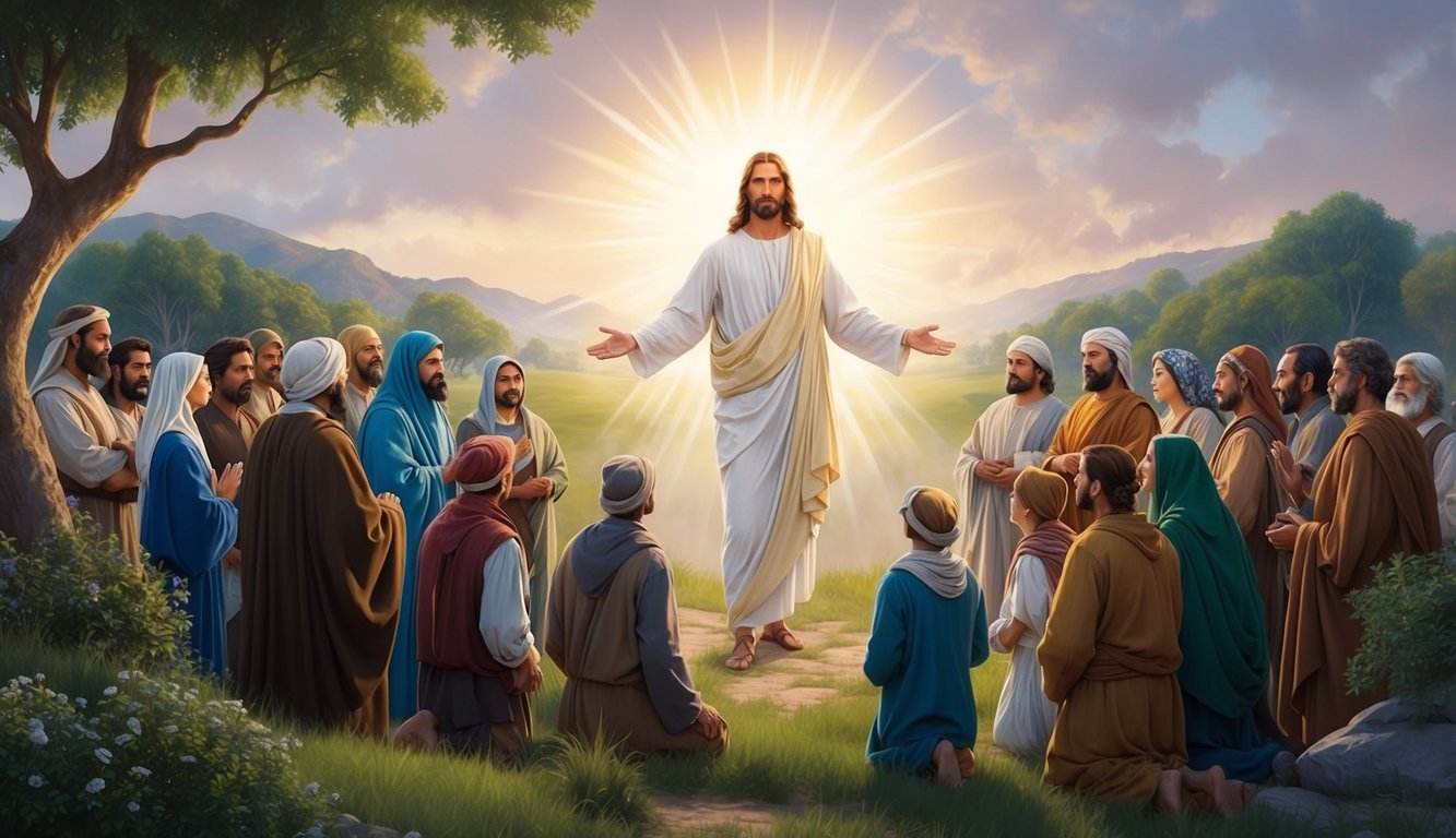 A serene landscape with a radiant figure surrounded by a diverse group of people, reflecting the cultural and historical context of Jesus Christ's appearance as described in the Bible