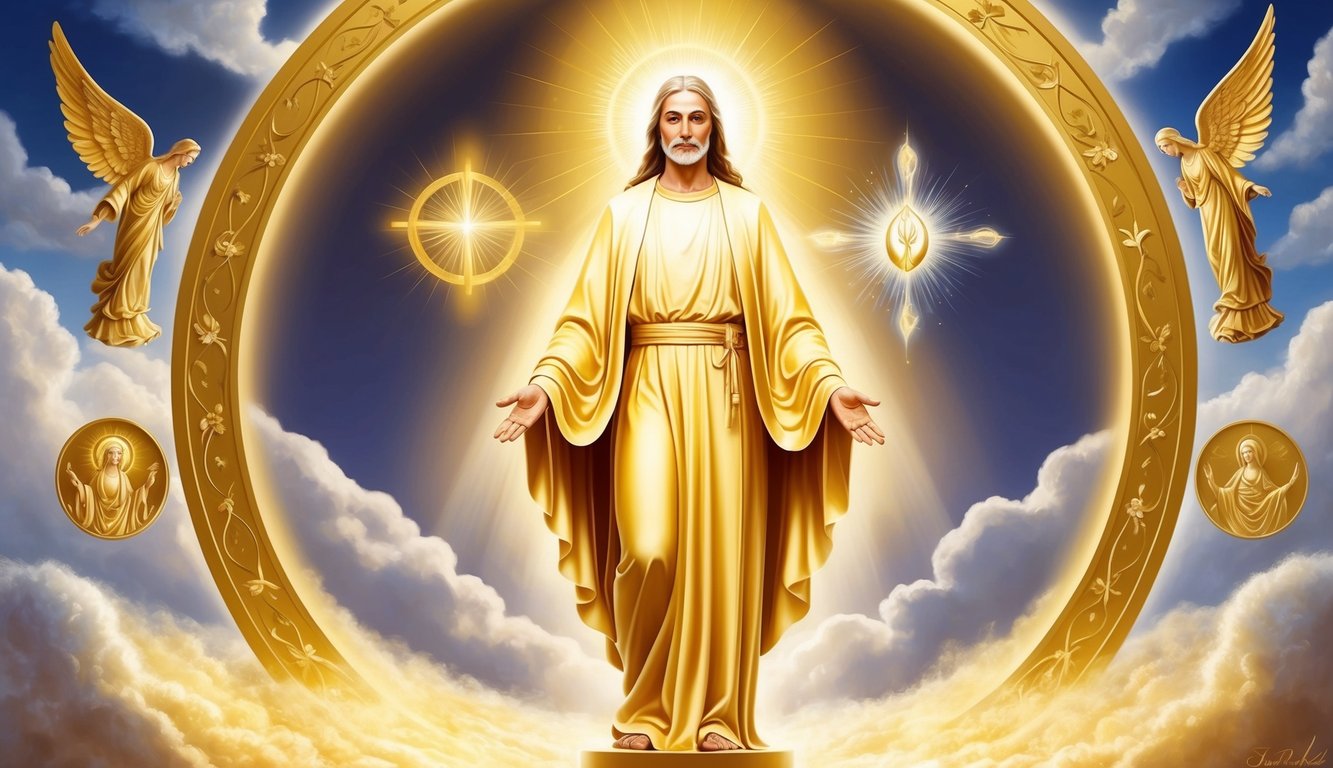 A radiant figure stands in a golden light, surrounded by symbols of divinity and grace.</p><p>A sense of peace and wisdom emanates from the scene