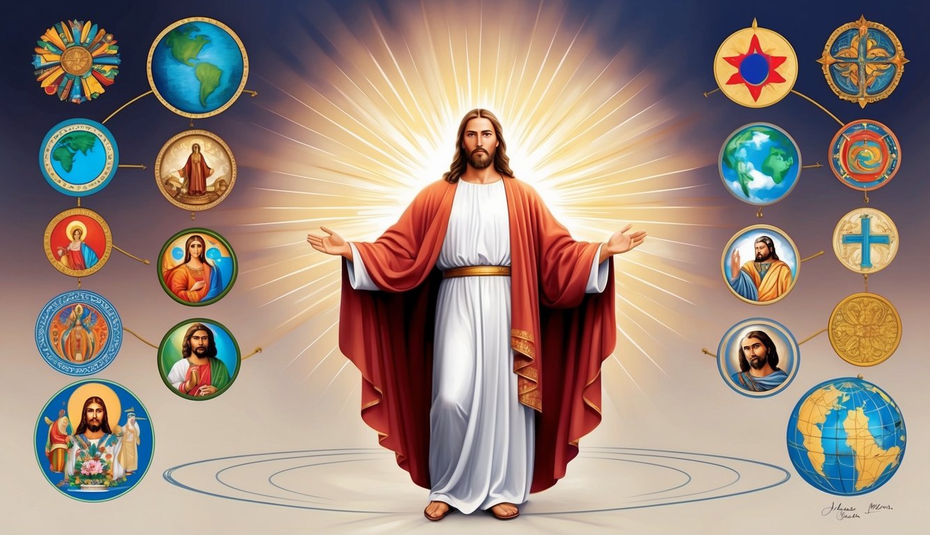 A radiant figure stands at the center, surrounded by diverse cultural symbols and imagery, representing the global influence of Jesus Christ