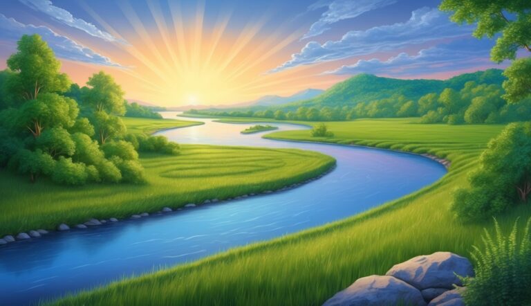 Scenic landscape with a river winding through green fields at sunset