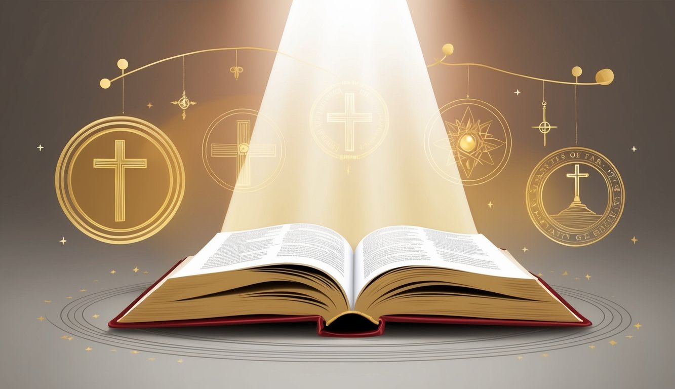 A beam of light shines down onto an open book, surrounded by symbols of faith and spiritual growth