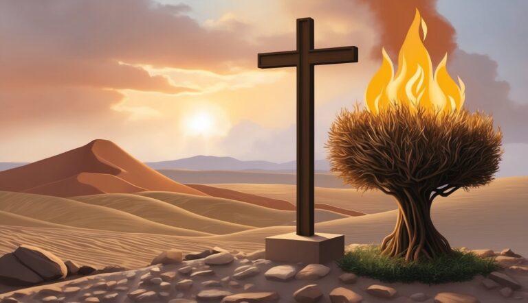 Cross, burning bush, and desert landscape at sunset