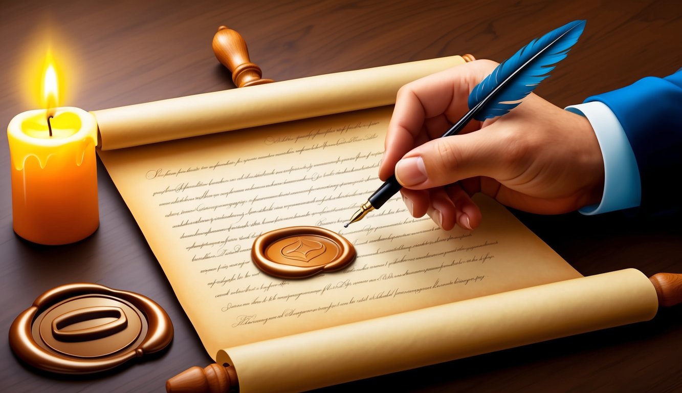 A hand holding a quill pen, poised over a parchment scroll with a wax seal.</p><p>A candle flickers nearby, casting a warm glow