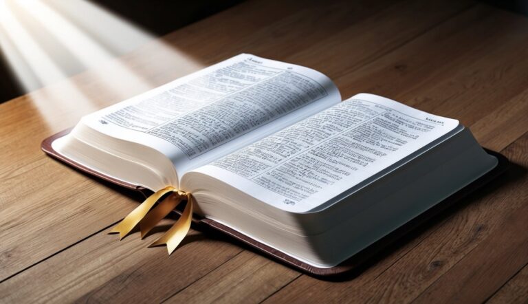 Open Bible with gold ribbon on a wooden table, illuminated by light