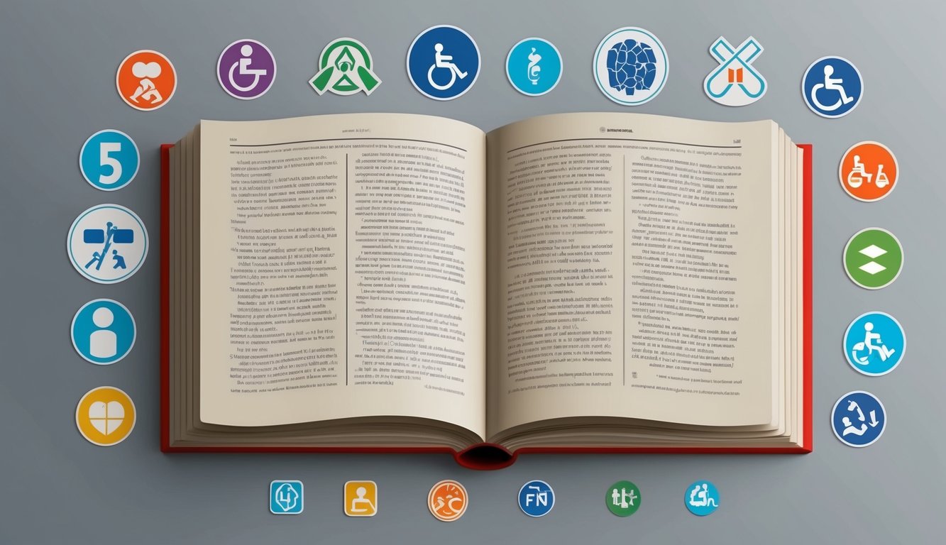 An open book surrounded by diverse accessibility symbols