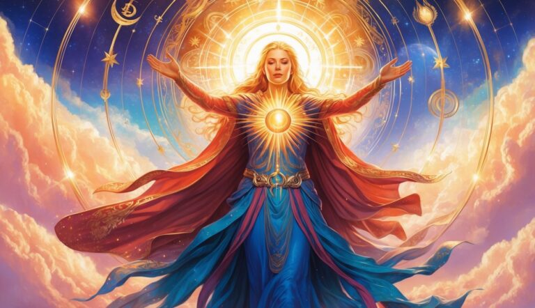 Woman with outstretched arms, surrounded by light and celestial symbols