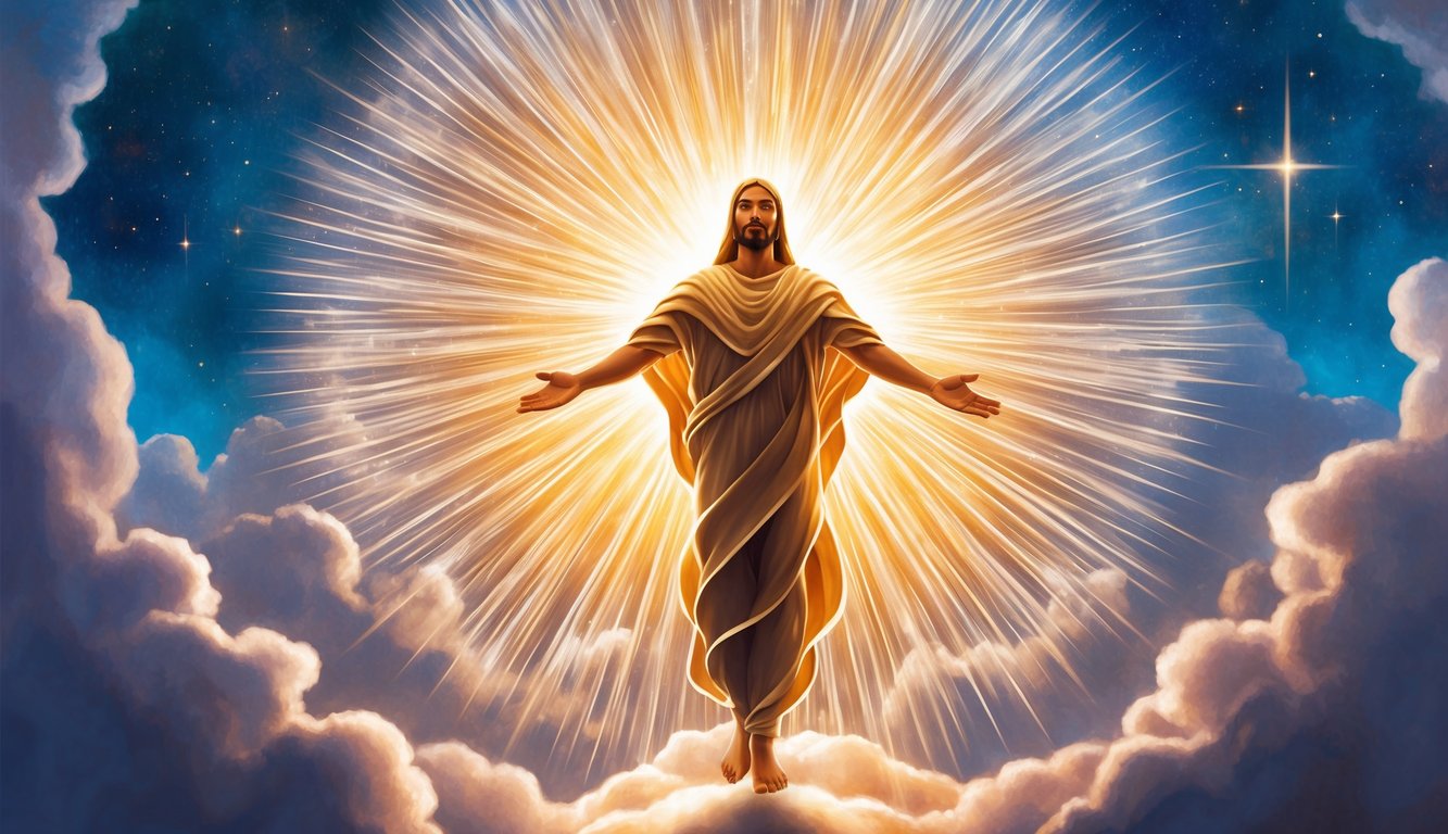 A radiant figure surrounded by celestial light, symbolizing the divine presence of Elohim in Christian Scriptures