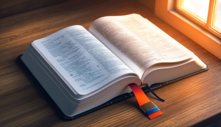Open Bible with bookmark on a wooden table near a window