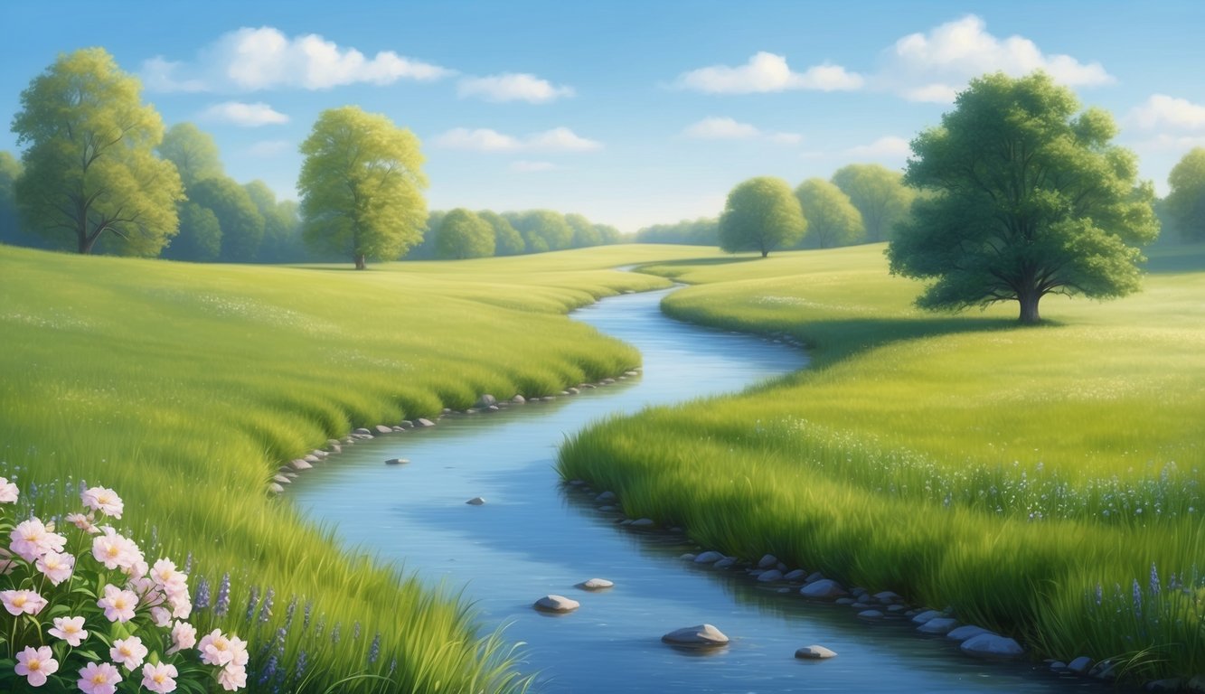 A serene landscape with a gentle stream flowing through a lush meadow, surrounded by blooming flowers and a clear blue sky