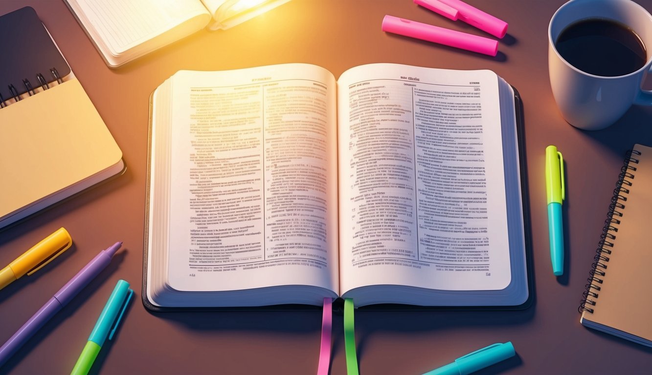 A study bible open on a table, surrounded by highlighters, pens, and a notebook.</p><p>A warm light illuminates the pages