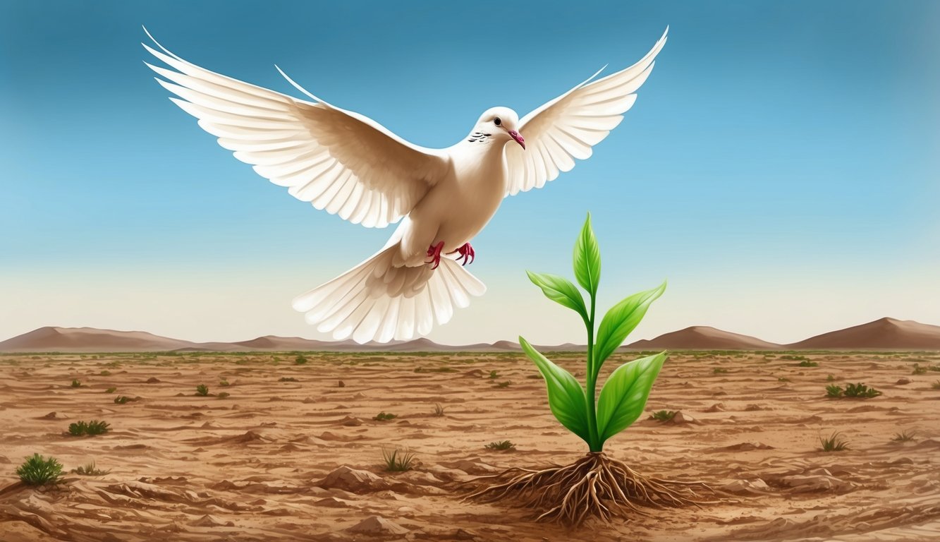 A dove hovering over a barren land, as a single green shoot begins to emerge from the dry earth