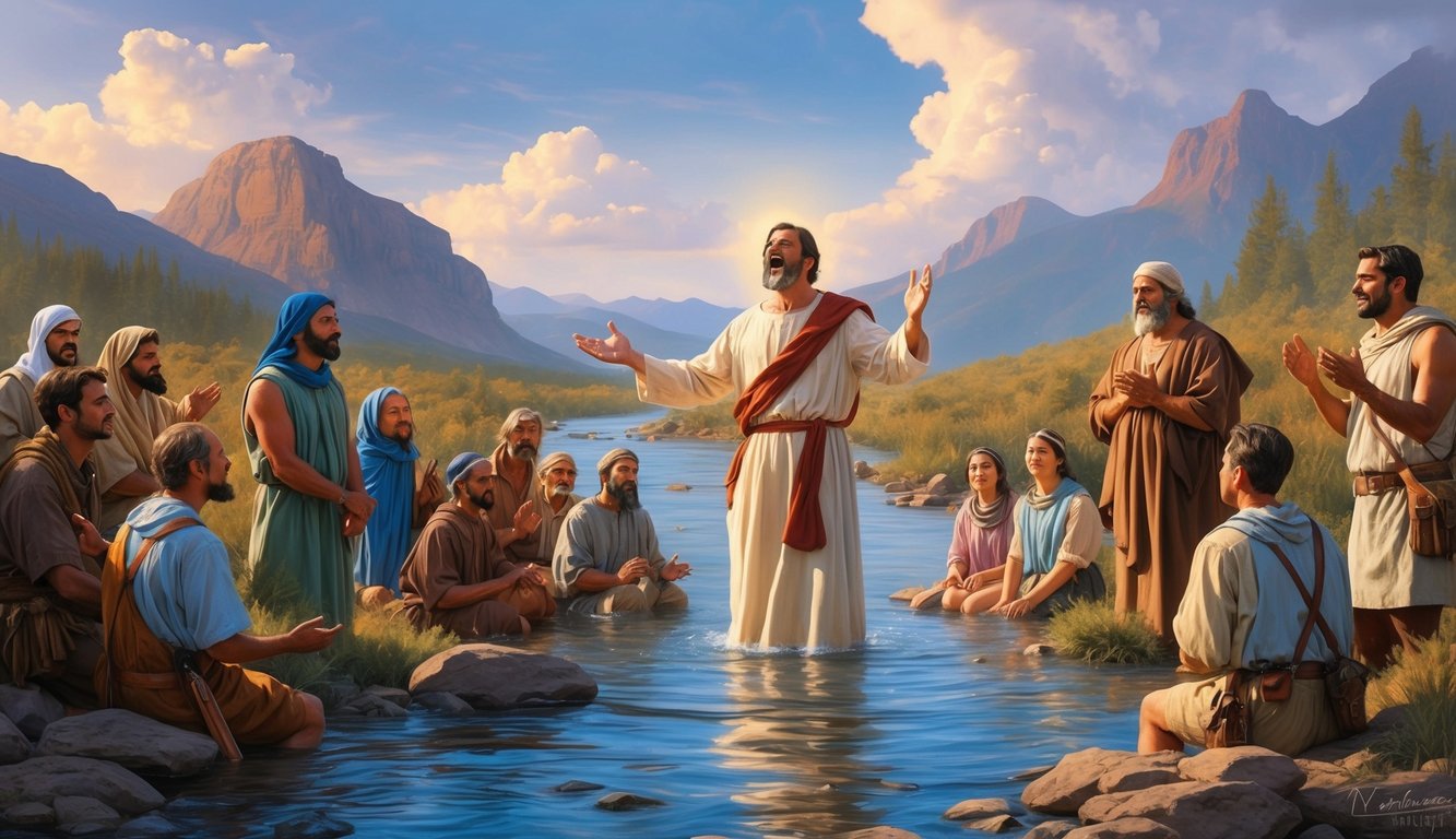 A man preaching in the wilderness, baptizing followers in a river