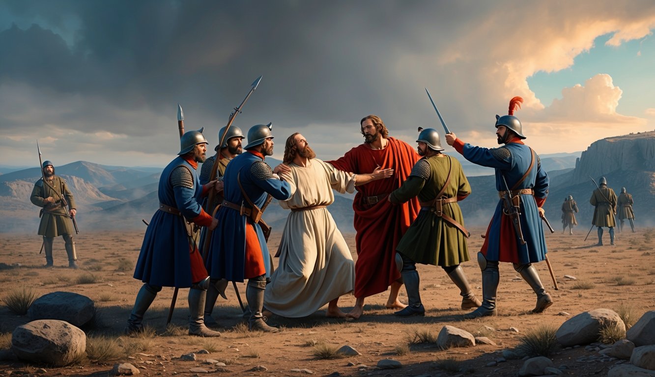 John the Baptist being arrested and martyred by soldiers in a desolate wilderness