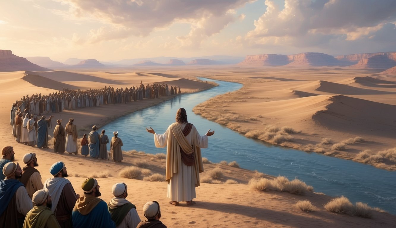 A solitary figure stands in a vast desert, preaching to a crowd of followers.</p><p>A river winds through the landscape, symbolizing the legacy and influence of John the Baptist