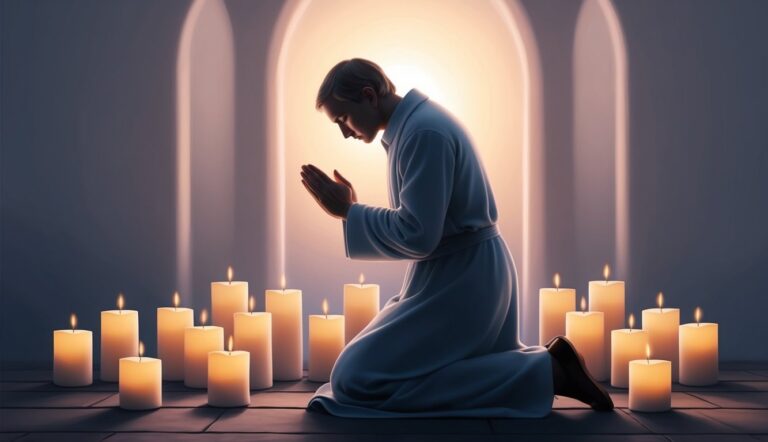 Man kneeling in prayer surrounded by lit candles in a church