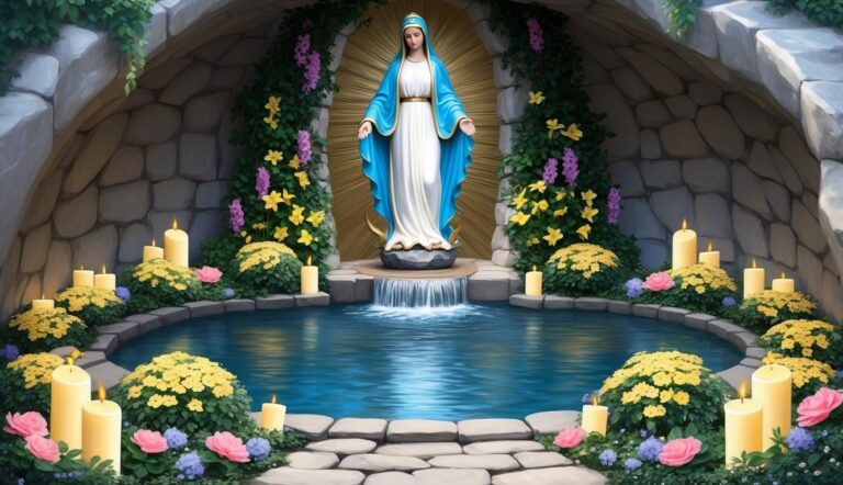 Statue of Virgin Mary in grotto with candles and a pool