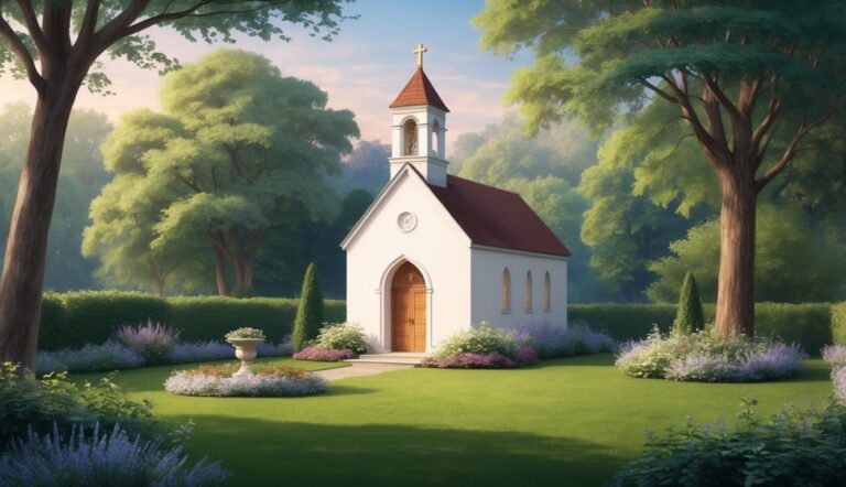 Small white church with red roof and cross, surrounded by trees and flowers