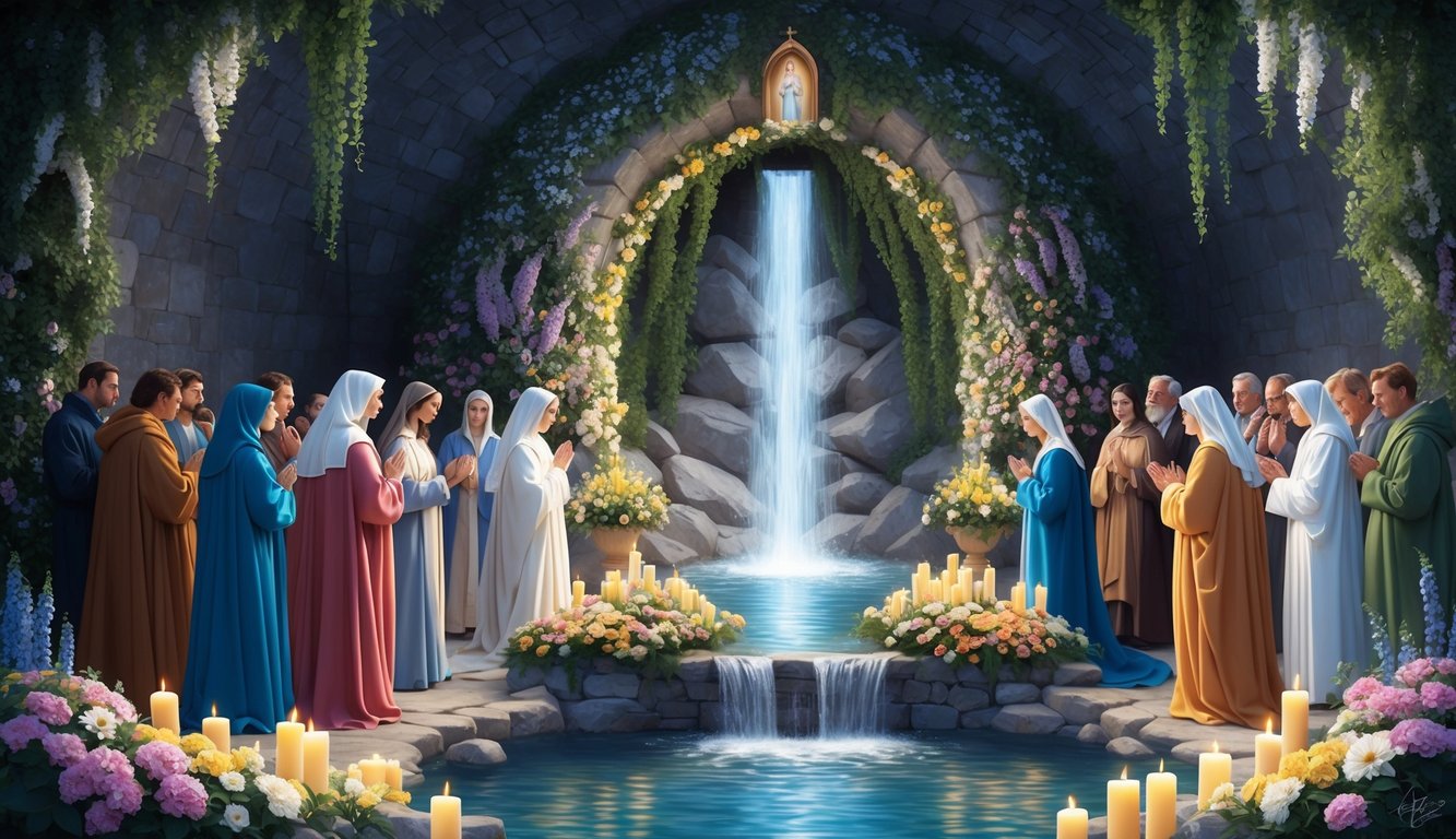 A serene grotto with a flowing spring, surrounded by flowers and candles, as people gather to offer prayers and intercessions to Our Lady of Lourdes