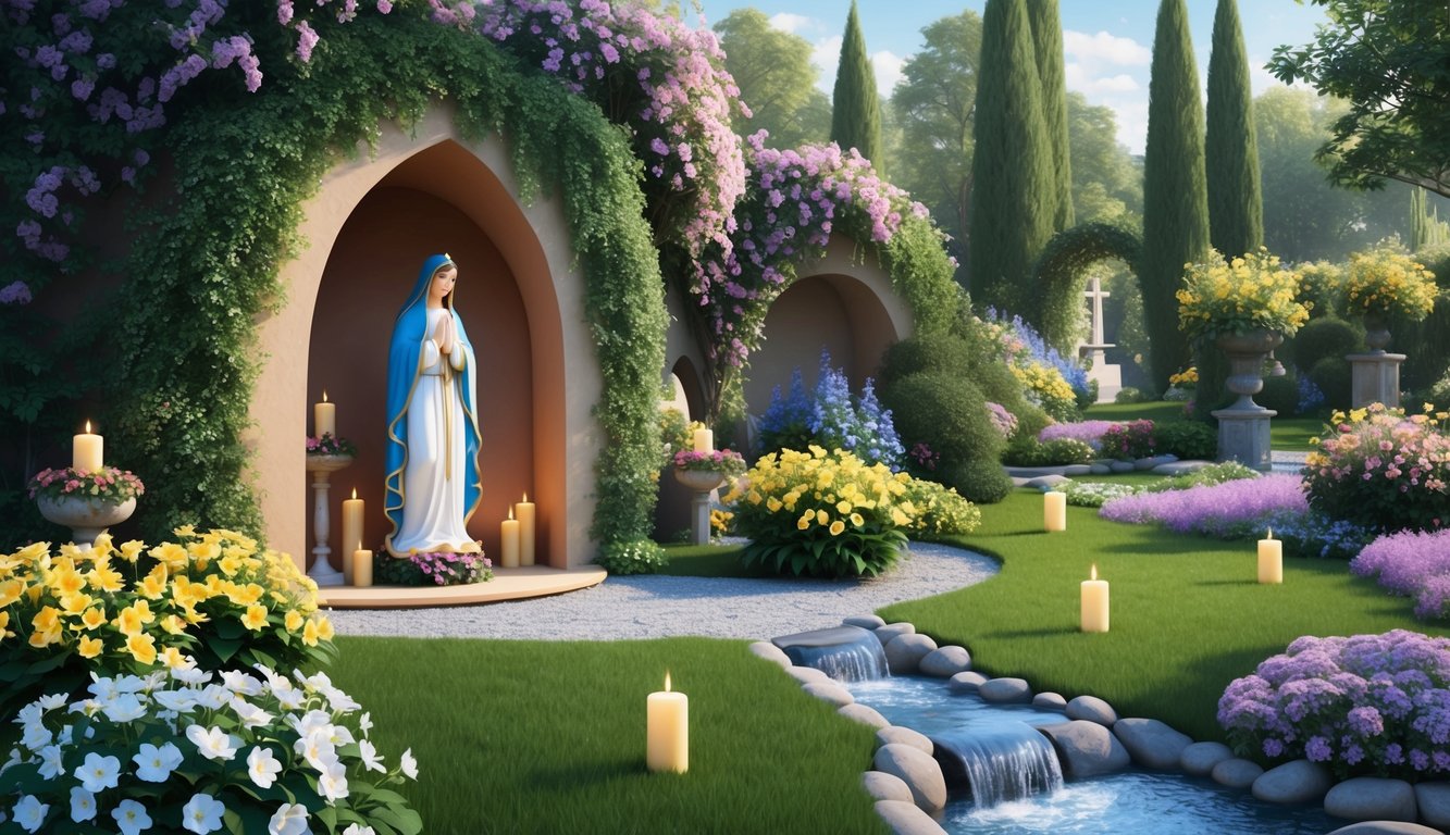 A peaceful garden with a grotto, a flowing stream, and a figure of Our Lady of Lourdes surrounded by flowers and candles