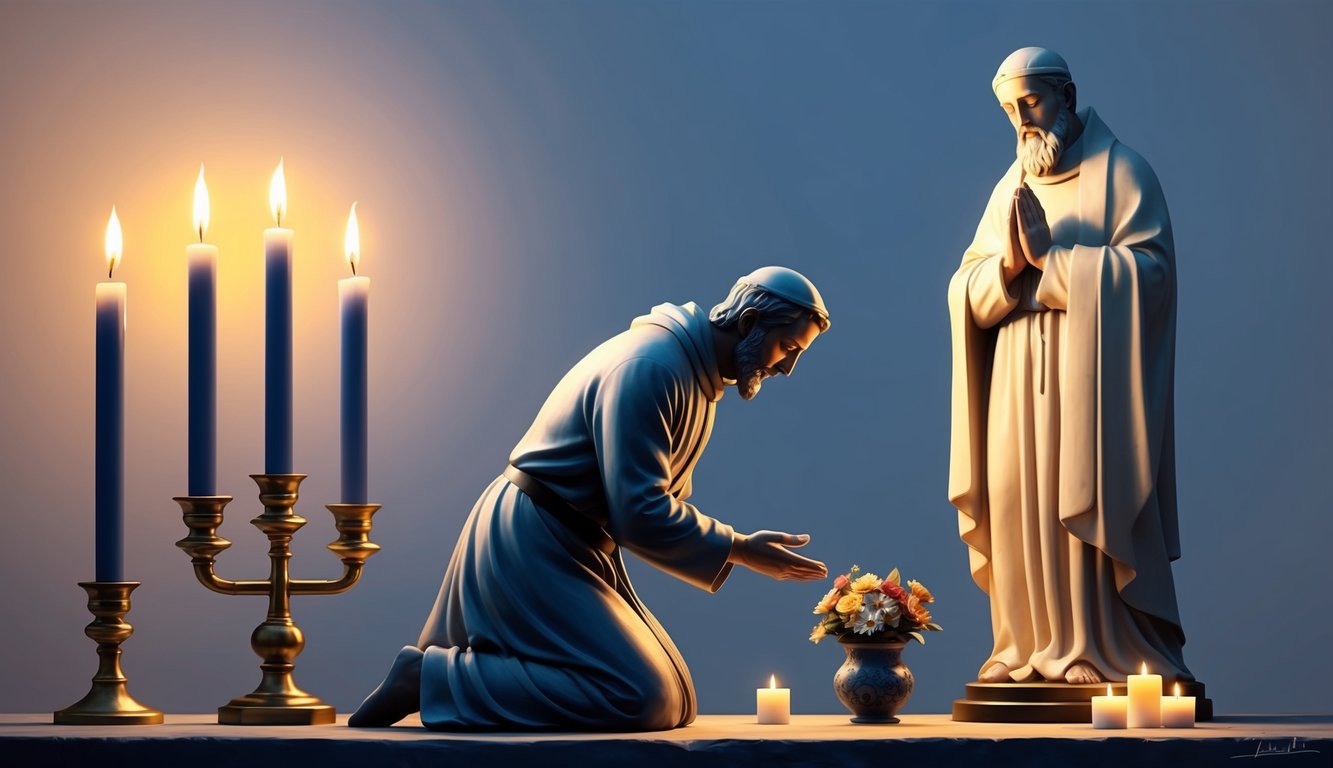 A solitary figure kneeling in prayer, surrounded by flickering candles and offering flowers at the feet of a statue of Saint Jude