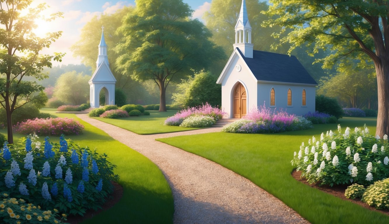 A serene garden with a sunlit path leading to a peaceful chapel, surrounded by blooming flowers and lush greenery