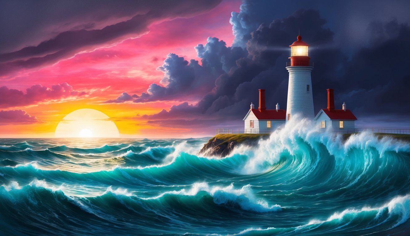 A vibrant sunrise over a stormy sea, with a sturdy lighthouse standing tall amidst crashing waves and dark clouds