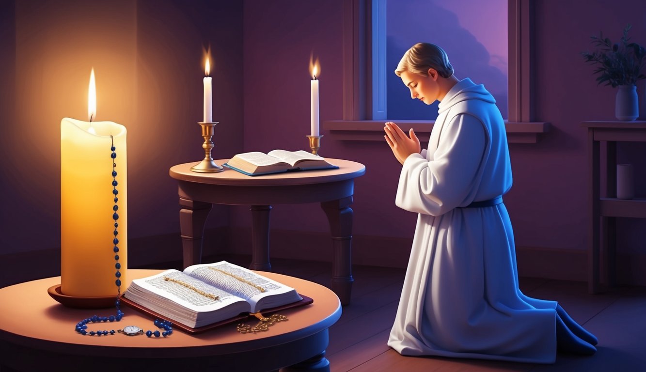 A candlelit room with a peaceful atmosphere, a small table with a Bible and rosary, and a figure kneeling in prayer