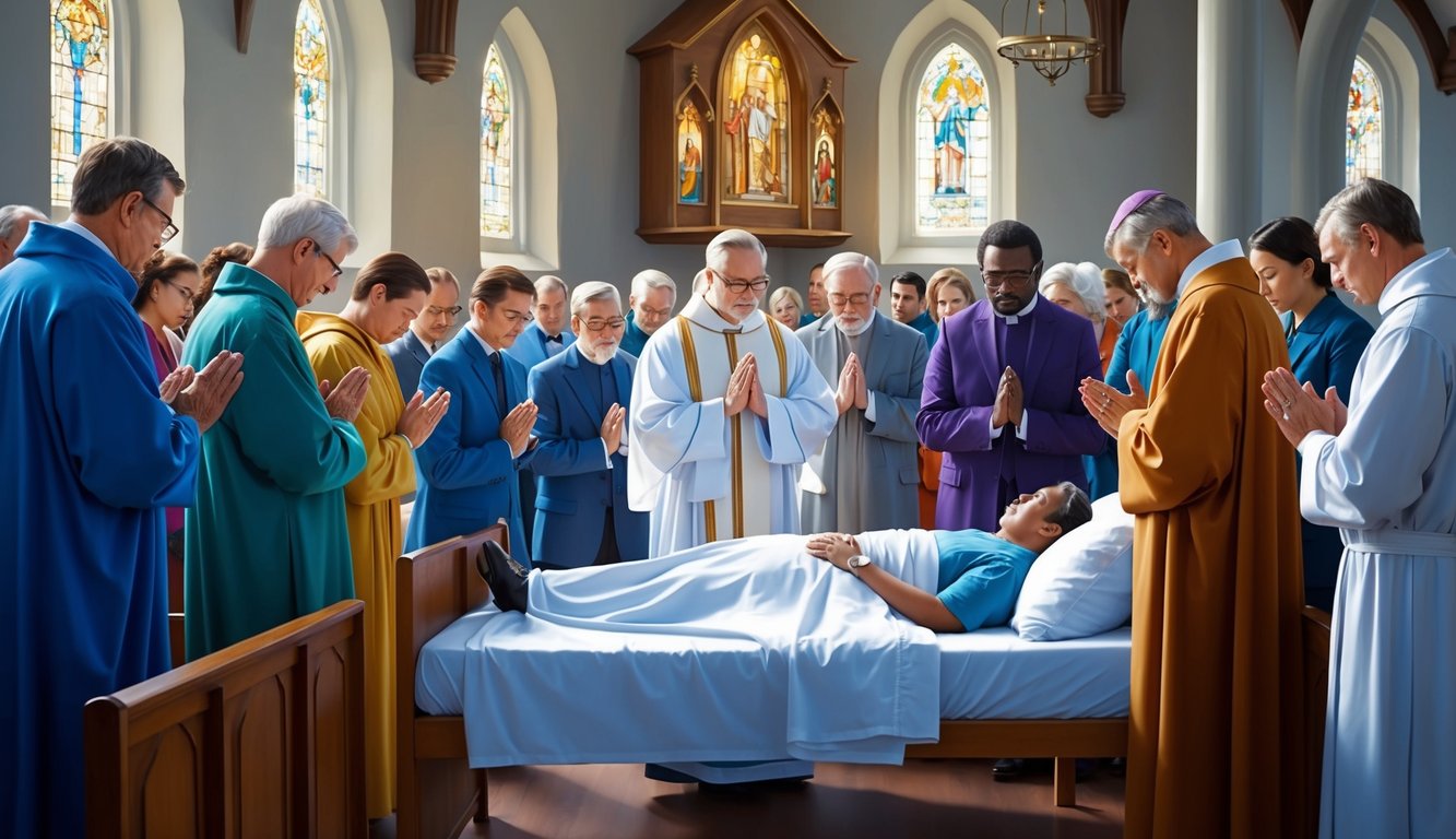 A group of people gather in a church, heads bowed in prayer, surrounding a person lying in a bed, as a priest leads the community in prayer for the sick