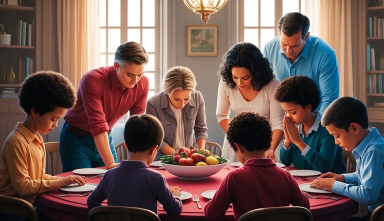 Family gathered around a table, bowing heads in prayer before a meal