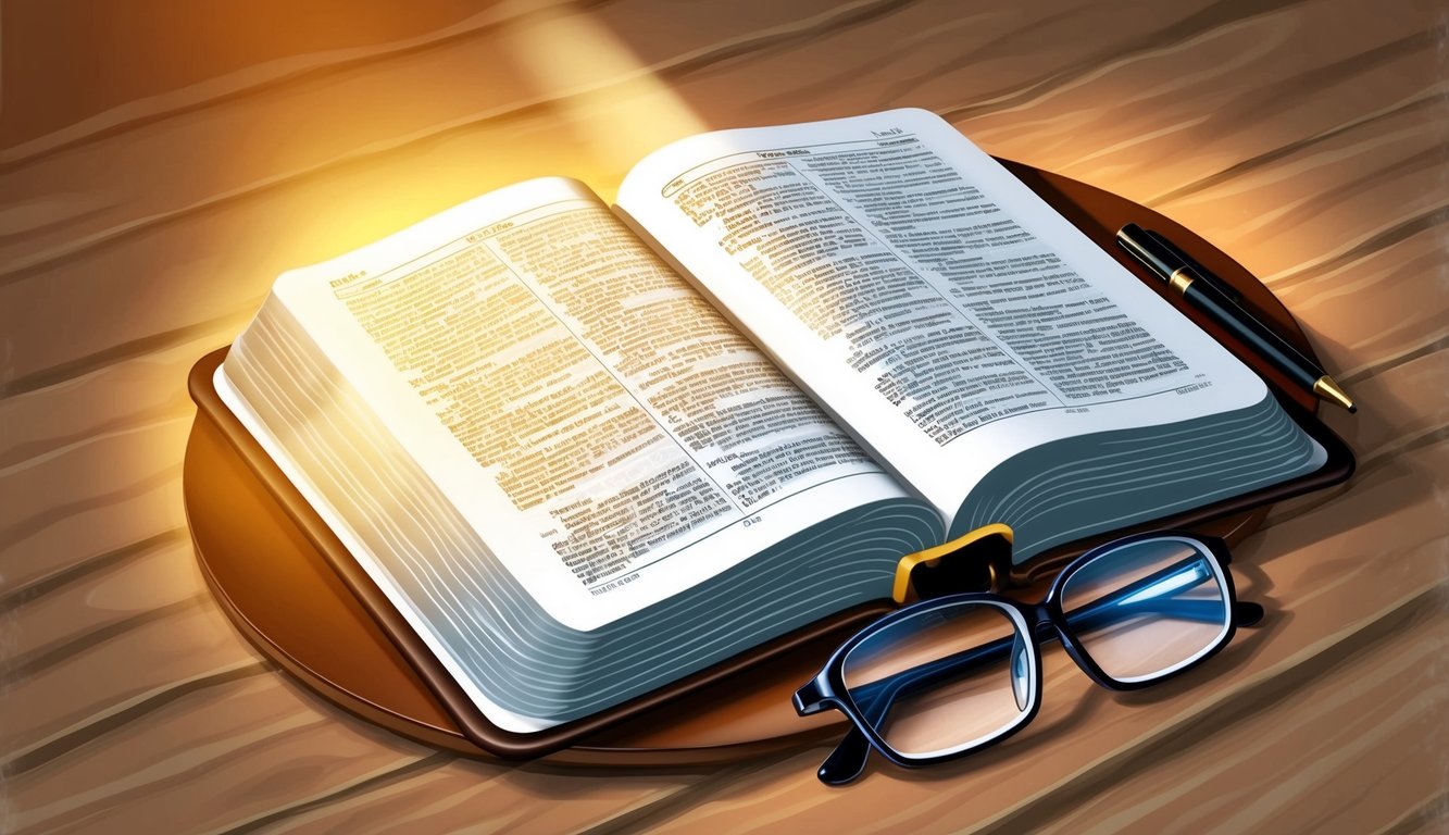 An open Bible on a wooden table, surrounded by a warm light, with a pair of reading glasses resting on top