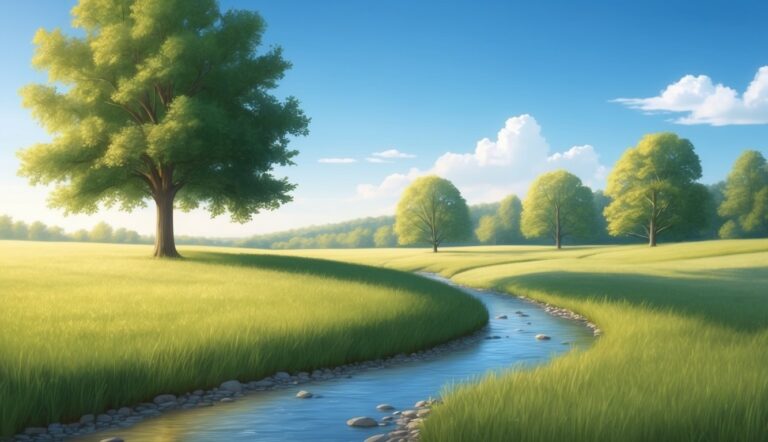 Green field with a stream, trees, and a blue sky