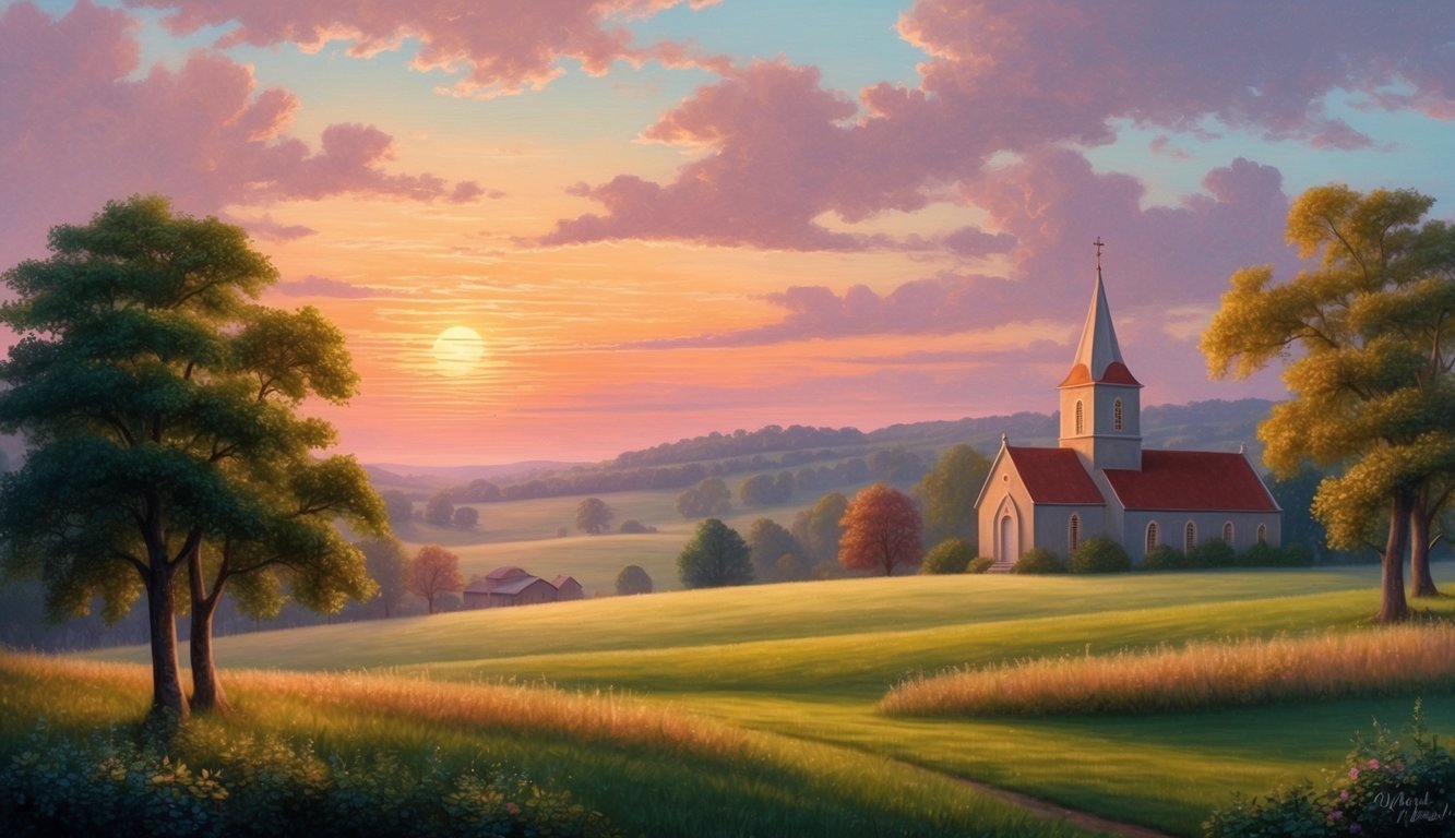 A serene sunset over a peaceful countryside, with a small church in the distance