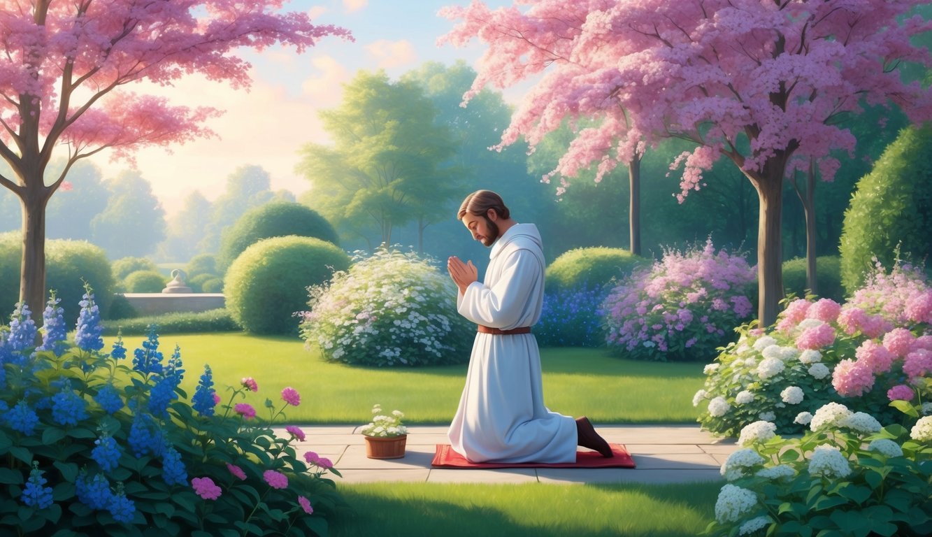 A serene garden with a figure kneeling in prayer, surrounded by blooming flowers and a peaceful atmosphere