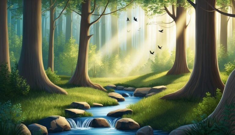 Forest scene with stream, tall trees, sunlight, and birds flying