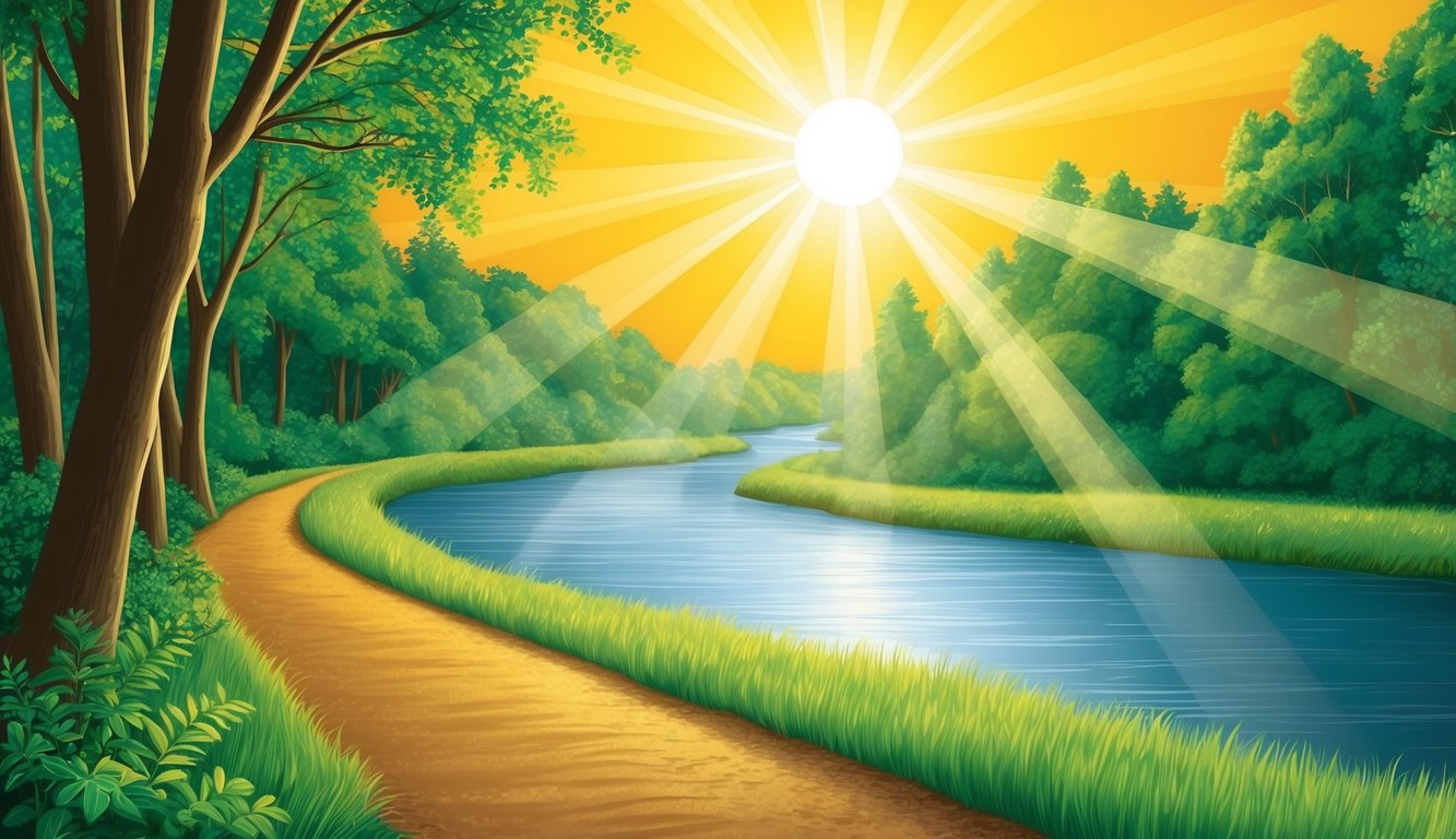 A radiant sun casting golden rays over a calm, flowing river, illuminating a path through a lush, green forest