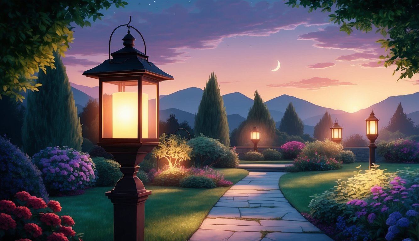 A glowing lantern illuminating a peaceful garden at dusk