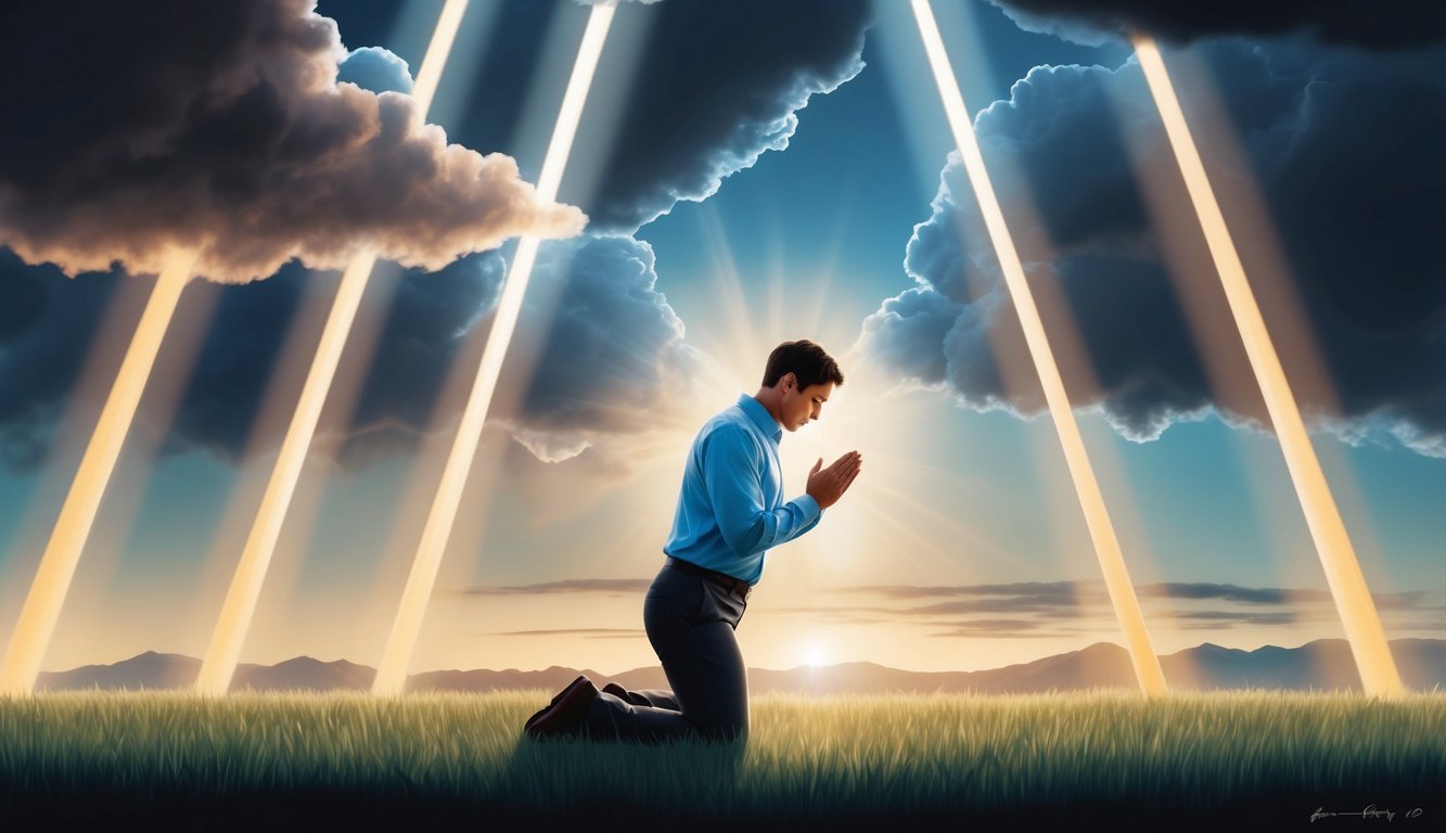 A person kneeling in prayer, surrounded by beams of light breaking through dark clouds, symbolizing deliverance through faith