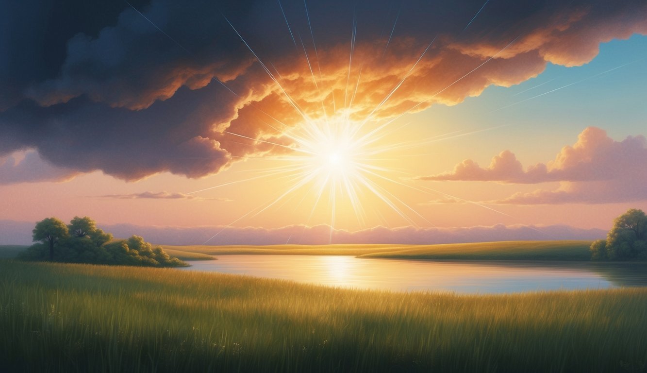 A radiant sunrise over a tranquil landscape, with light breaking through dark clouds, symbolizing hope and divine revelation