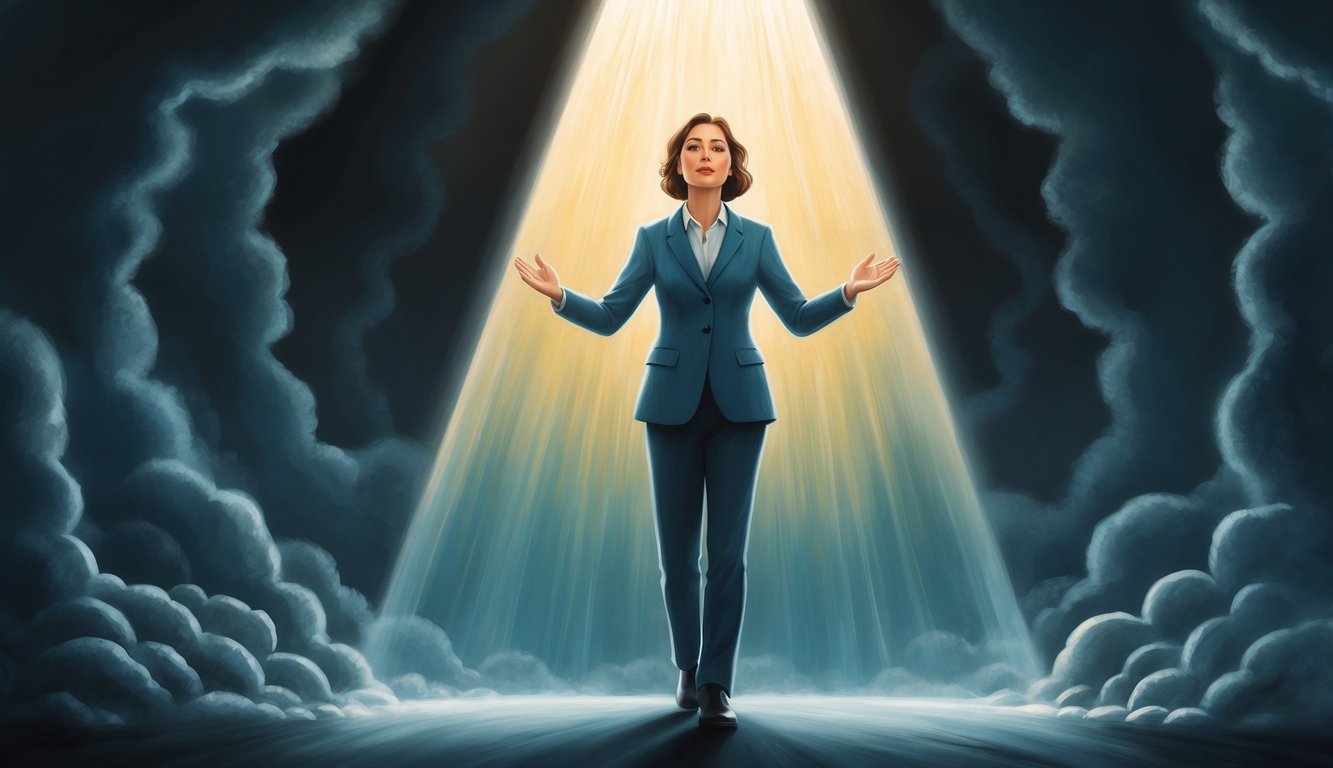 A figure stands in a beam of light, surrounded by darkness, with an expression of relief and gratitude