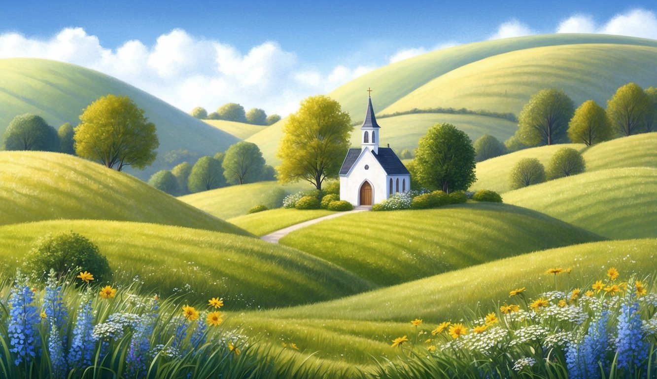 A tranquil countryside with a small church nestled among rolling hills, surrounded by blooming wildflowers and a clear blue sky