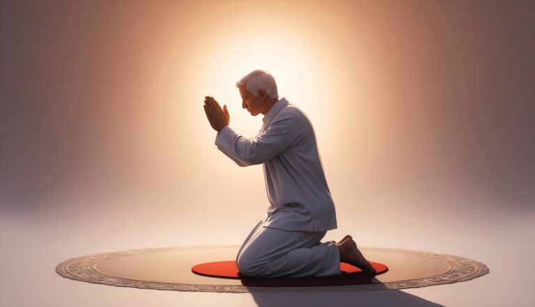 Man in white outfit kneels in prayer on a rug, bathed in light