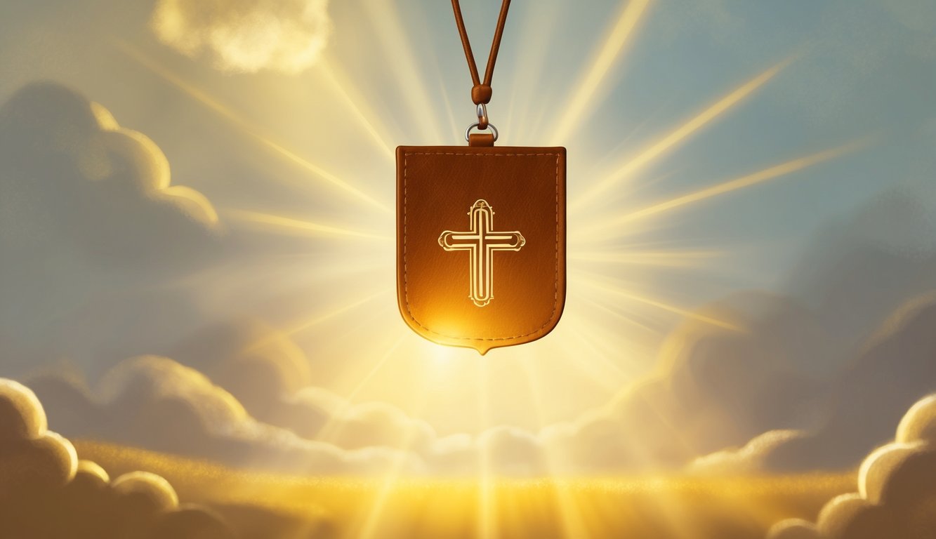 A serene, golden-hued scene with a glowing brown scapular suspended in the air, surrounded by rays of light and a sense of peace and protection