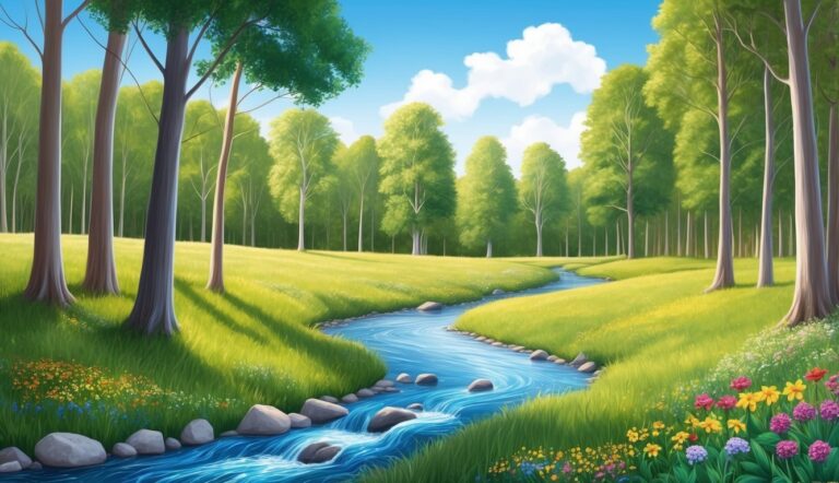 A serene landscape with a stream, trees, and flowers under a blue sky