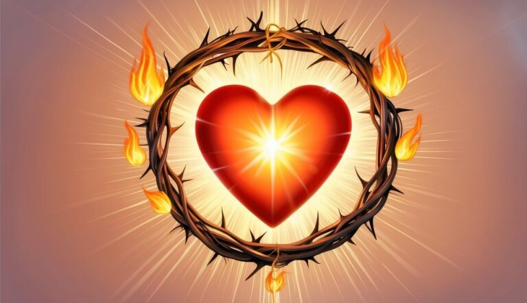 Glowing heart encircled by a crown of thorns and flames, with light rays