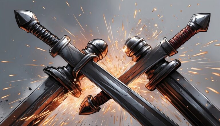Four crossed swords with sparks flying, a battle scene