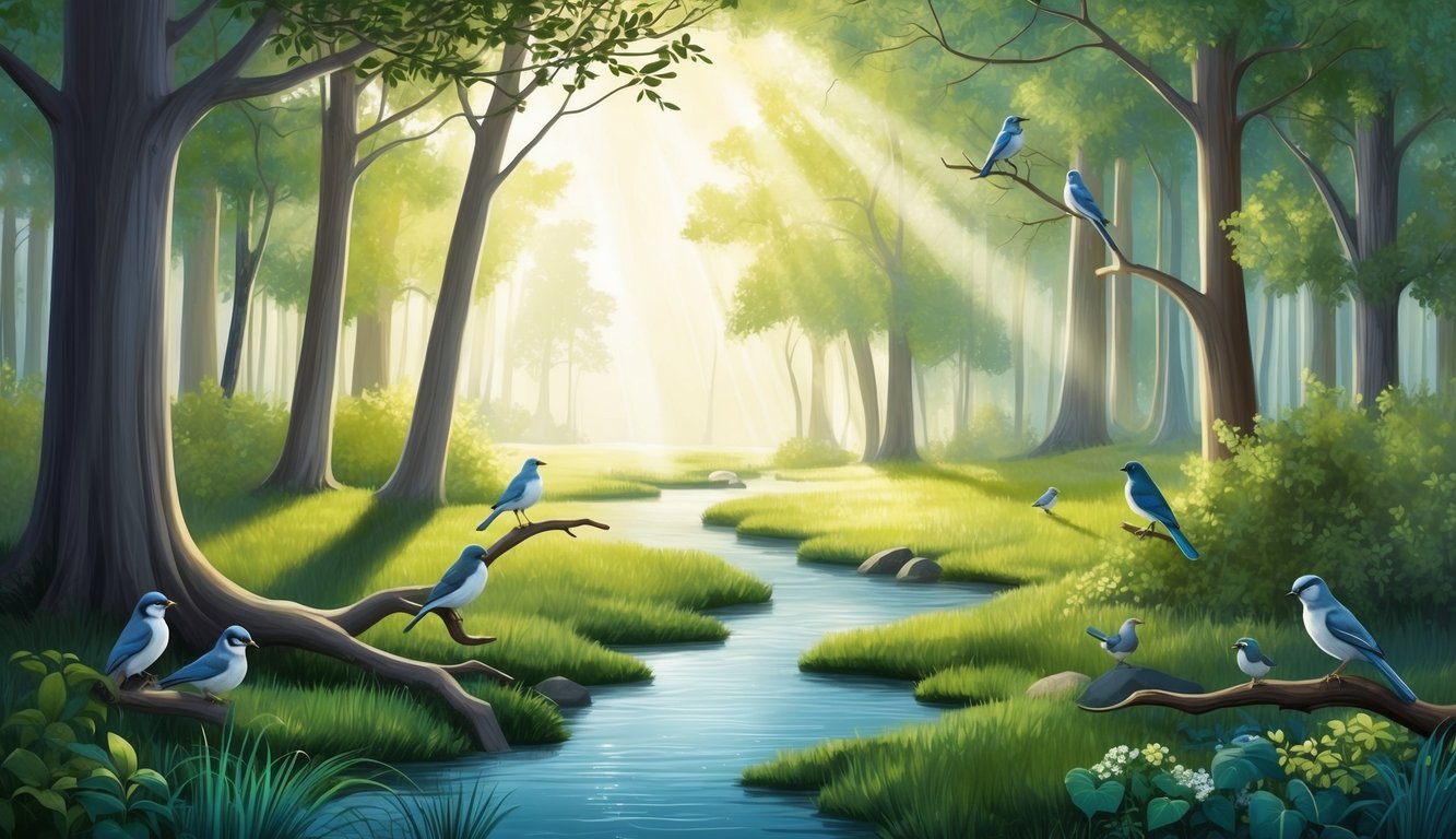 A serene forest clearing with a gentle stream, sunlight filtering through the trees, and birds perched on branches, symbolizing peace and tranquility