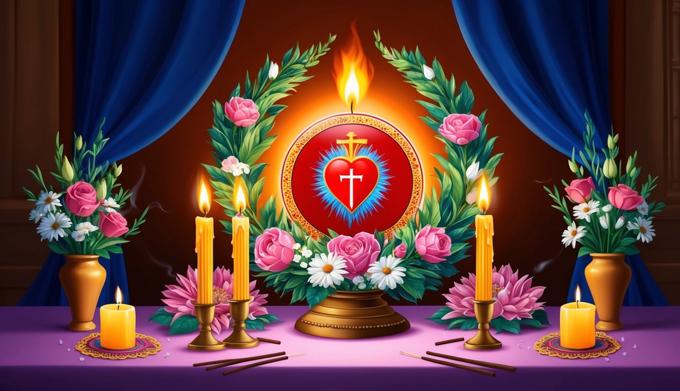 A candlelit altar with a sacred heart icon surrounded by flowers and incense